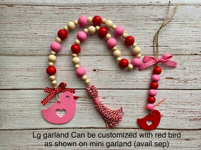 Valentine’s Wood Bead Garland, Love Bird Valentine tiered tray decor, Farmhouse bead garland with tassel, customizable tag color - image4